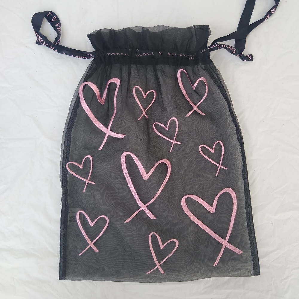 Victoria's Secret Black Sheer Pink Heart Bag Lingerie Dance Utility Organizer